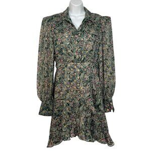 Rococo Sand Mini Shirt Dress Sheer Metallic Paisley Button Up Collar Green Small